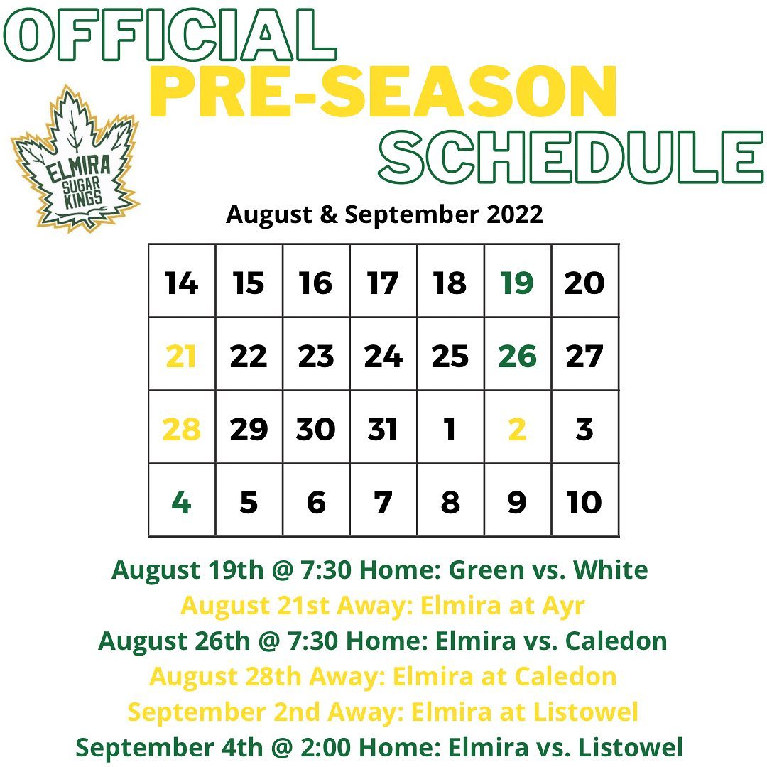 Here it is folks! The official 2022 pre-season schedule for your Elmira Sugar Kings! Come on out and support the team!

#elmirasugarkings #esk #gojhl #preseason #hockey