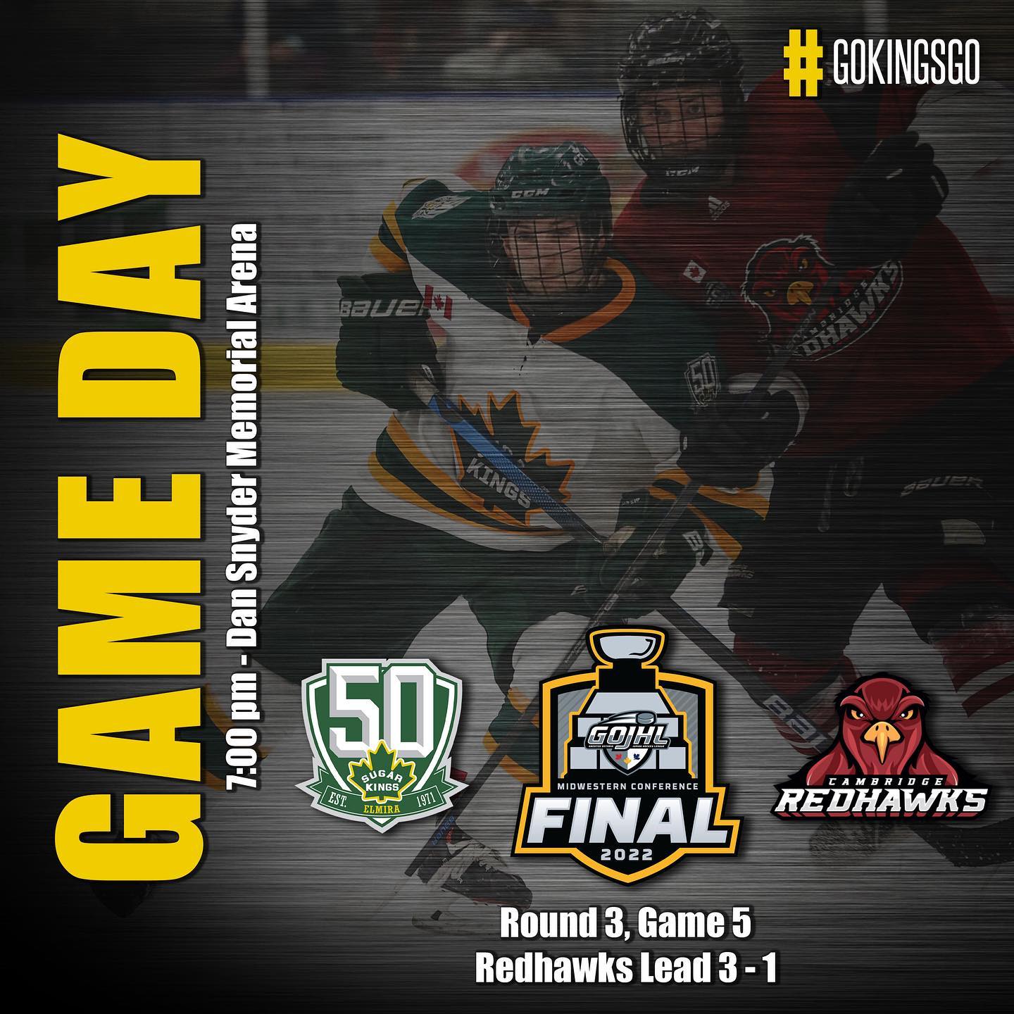 We're looking for a #bigwin tonight to stay alive and force a game 6. Let's pack the house and cheer the boys on! #GoKingsGo #DoOrDie 
#playoffshockey #gojhl #gojhlplayoffs2022 #cherreycupfinals